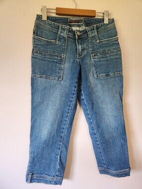 Vintage Y2K Blue Asphalt Low Rise Capri Jeans Cropped Utility McBling Rodeo 7/28